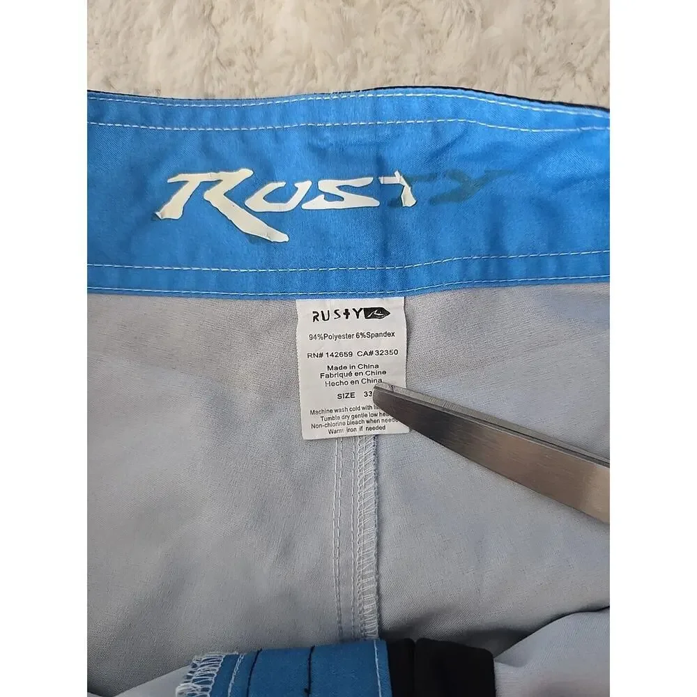 Rusty Board Shorts Striped Blue Green Hook & Loop Mens Size 33 Surfer Beach